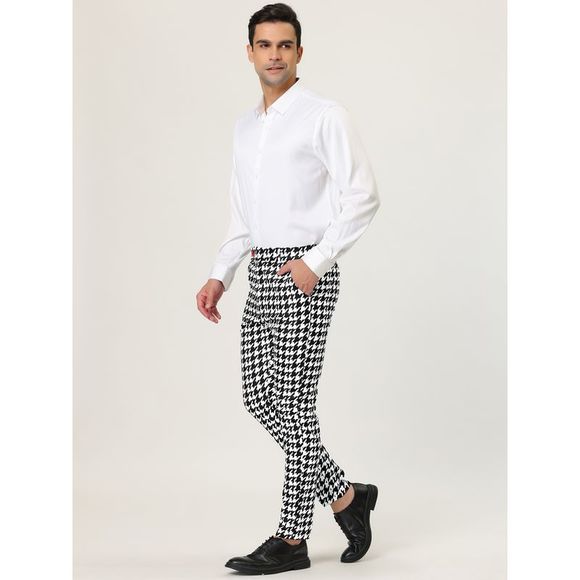 Houndstooth Printed Color Block Flat Front Slim Fit Dress Pants Black White - Picture 4 of 6